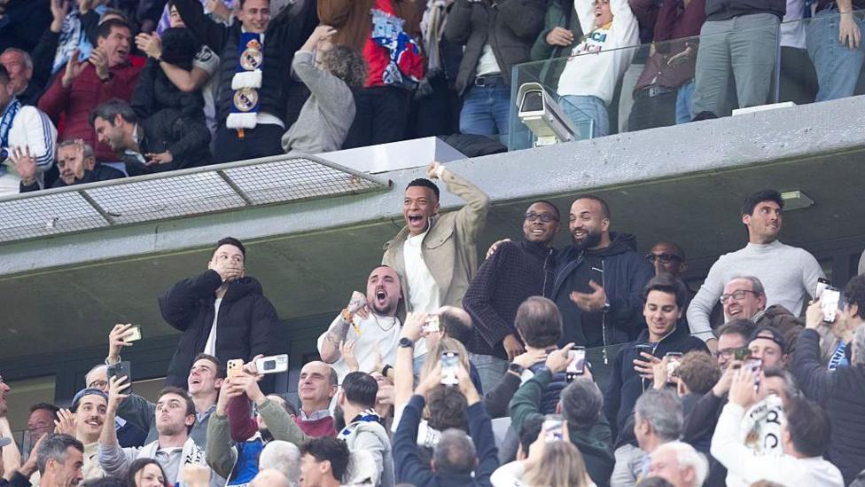 Kylian Mbappe celebrates Federico Valverde's hat-trick in the stands