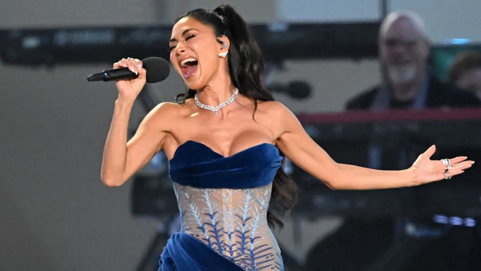  US singer-songwriter Nicole Scherzinger performs inside Windsor Castle grounds at the Coronation Concert, in Windsor, west of London on May 7, 2023. - For the first time ever, the East Terrace of Windsor Castle will host a spectacular live concert that will also be seen in over 100 countries around the world. The event will be attended by 20,000 members of the public from across the UK