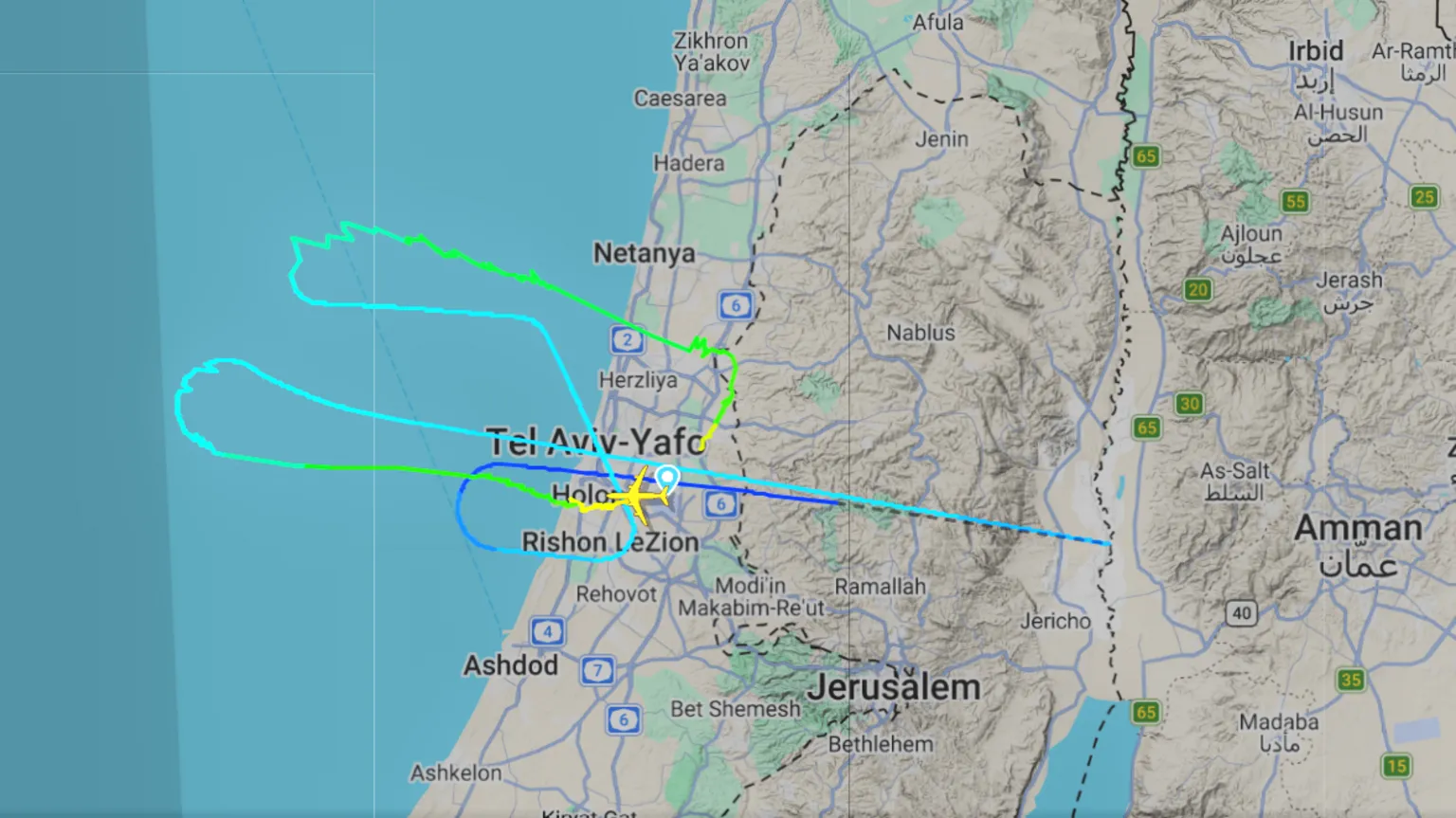 FlightRadar24 The flightpath of a US Air Force air-to-air refuelling tanker shown on a map, as it took off from Tel Aviv, Israel, turned off its transponder heading east towards Iran, and then returned to base. 