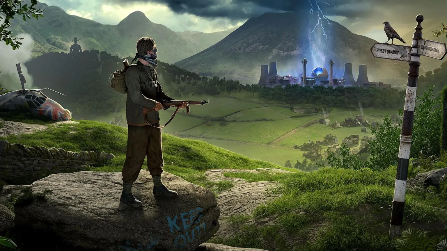 Rebellion Still from the Atomfall game showing a masked male character standing on a rock on combat gear holding a rifle. He looks out over a green landscape with dark clouds forming over mountains in the distance, with a nuclear reactor shooting blue lightning bolts into the sky.