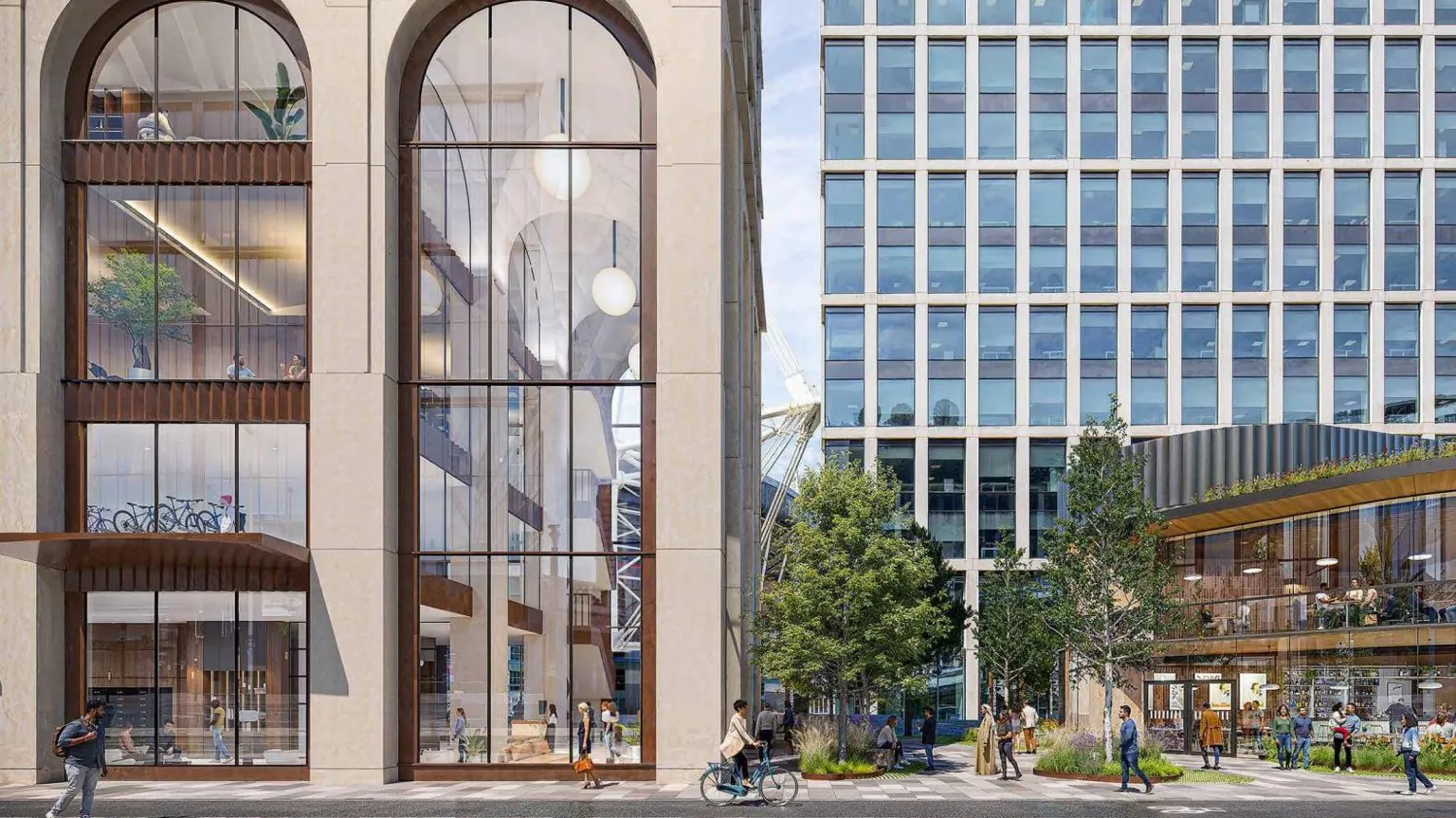 5plus Architects A computer-generated image showing people walking on the pavement near to the large windows of the skyscraper.