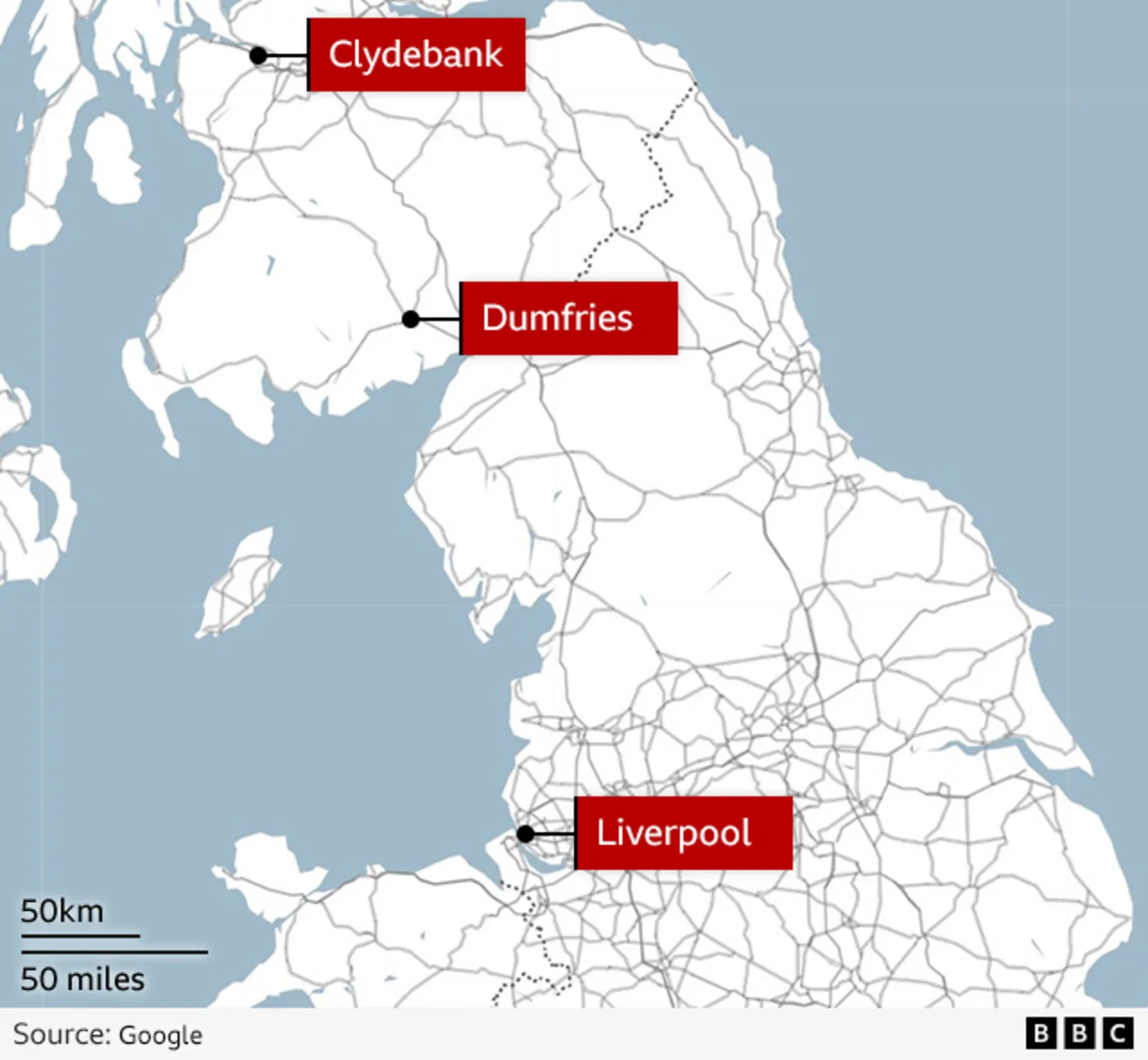 Map showing Dumfries in relation to Liverpool and Clydebank
