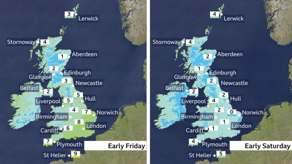 Temperature profile charts showing early Friday with a frost in rural parts of the north and west. Early Saturday the frost is expected to be more widespread.