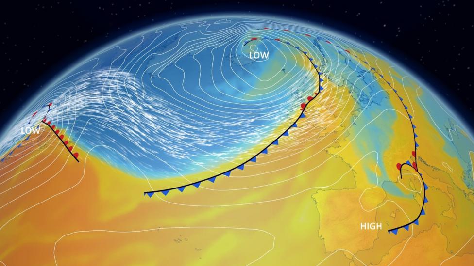 Map of the Atlantic, UK and Europe showing the colder air, shown in blue in the north, moving south to replace the milder Atlantic air.