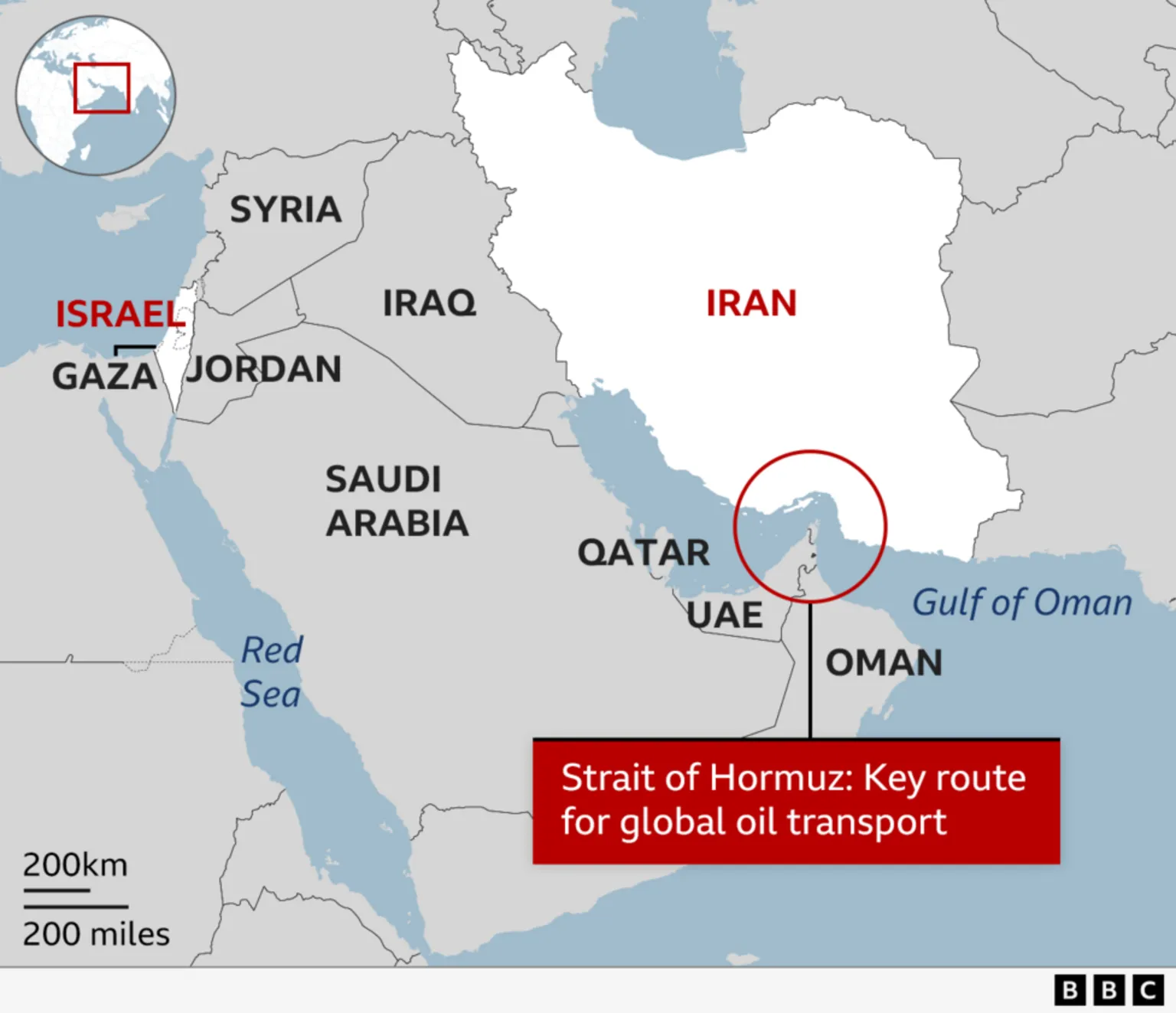 Map showing Strait of Hormuz, Iran and neighbouring countries