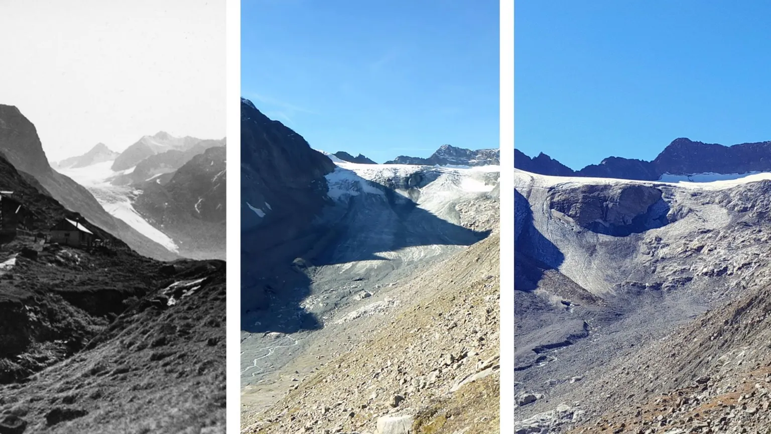 ÖAV Archiv; ÖAV Glacier Measuring Service/Martin Stocker-Waldhuber A composite image showing the Alpeiner Ferner glacier in three differnet stages. It is much wider in the picture from 1936, while there is also visible melting between 2018 and 2025