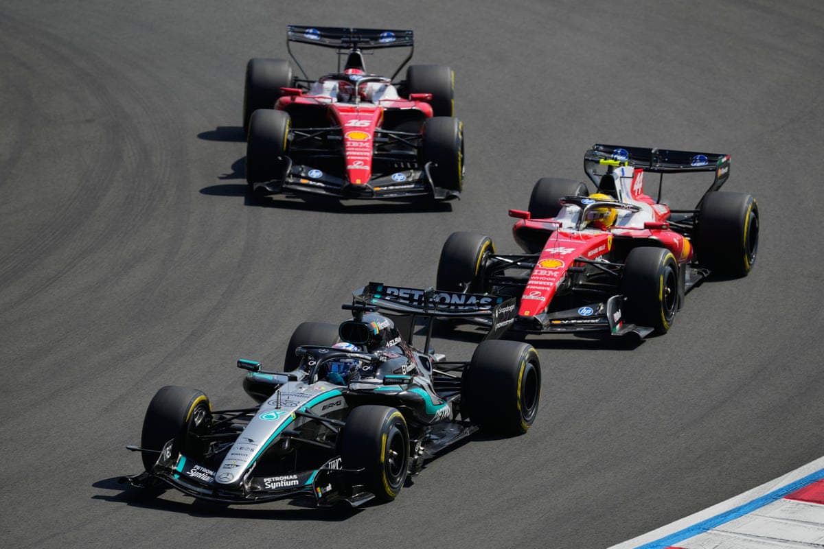 Mercedes driver George Russell leads Ferrari duo Lewis Hamilton and Charles Leclerc during the sprint race of the Chinese Formula One Grand Prix