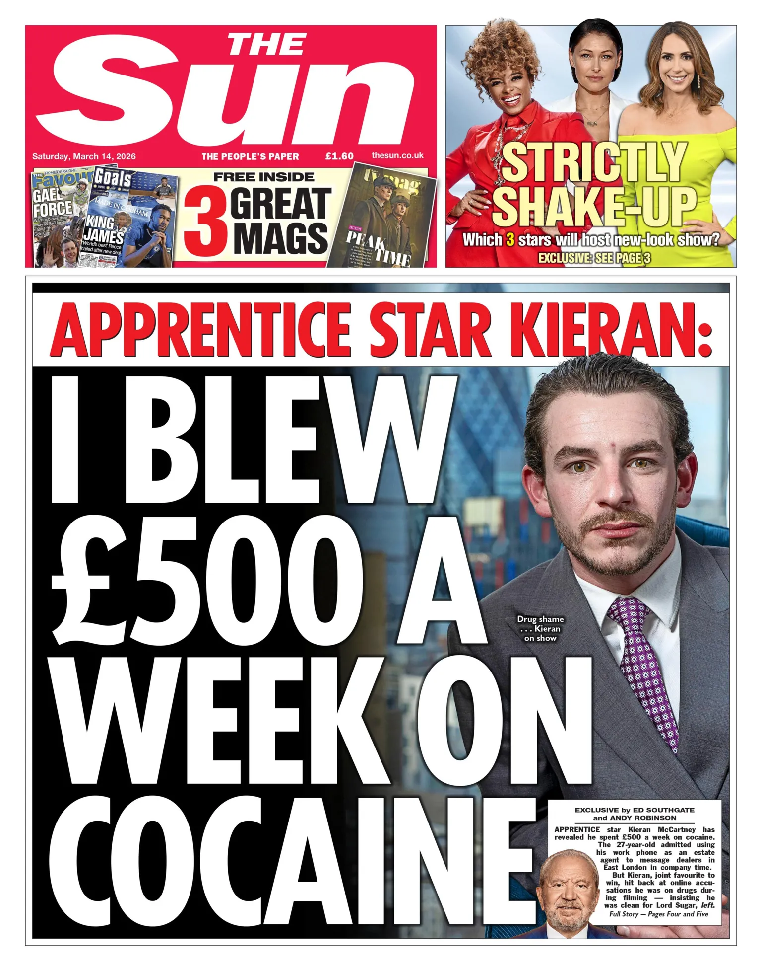 The headline on the front page of the Sun reads: 