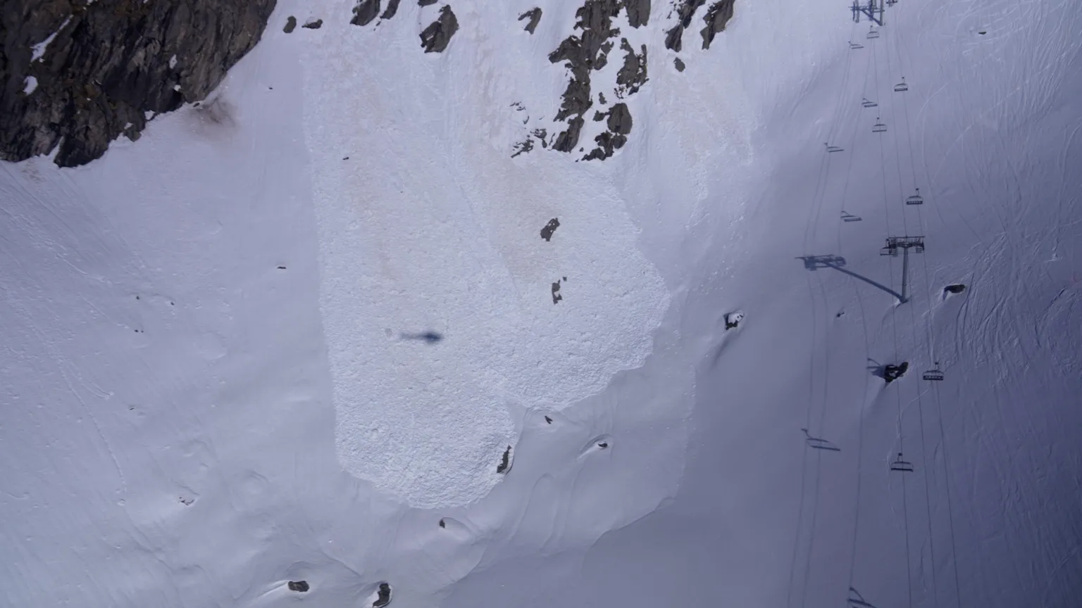 Evidence of a recent avalanche is seen from the air
