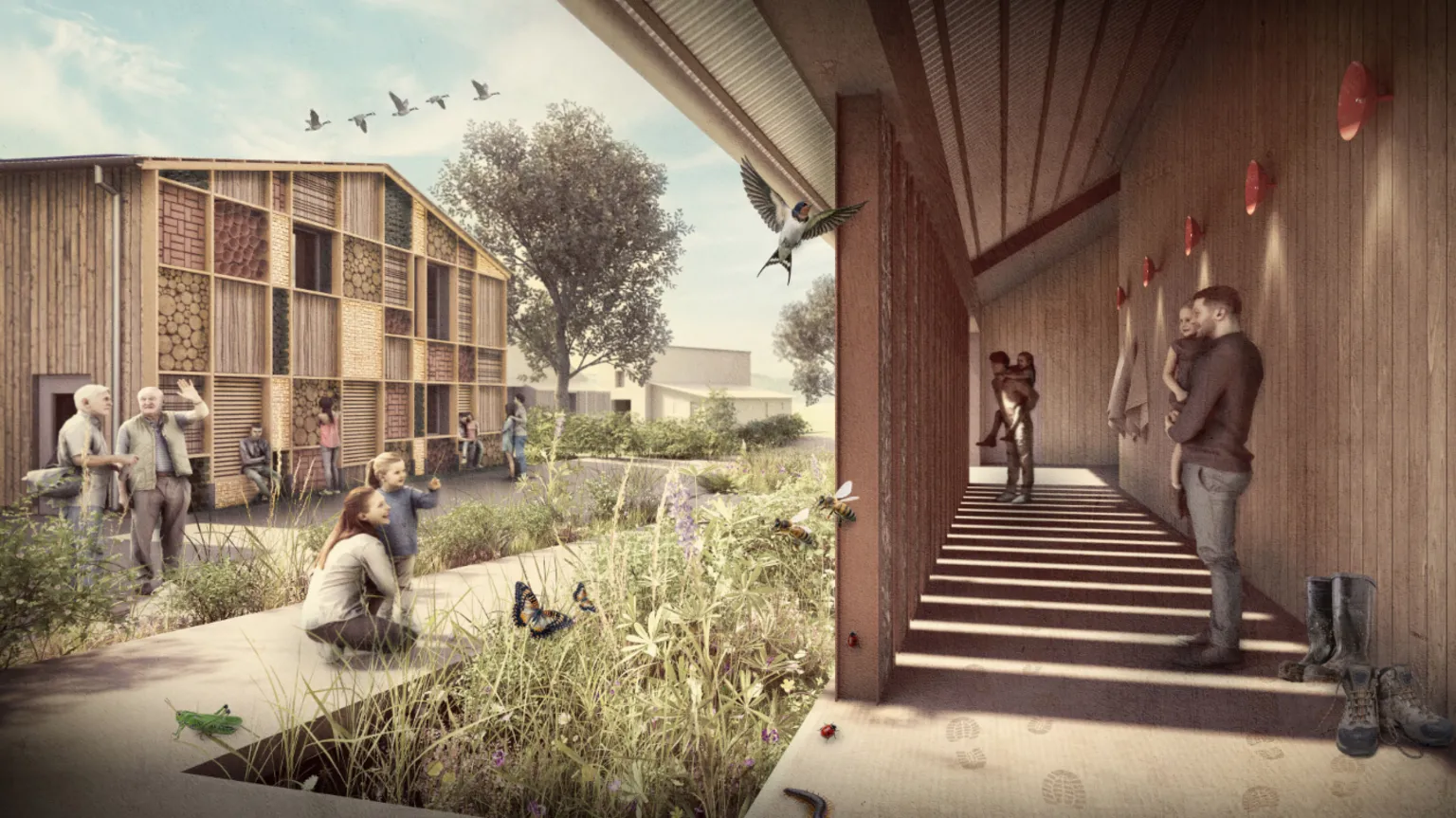 Poynton Bradbury Architects A computer generated image of what the research centre will look like. It is a large wooden complex with a covered walkway and large barn for wildlife and bugs.