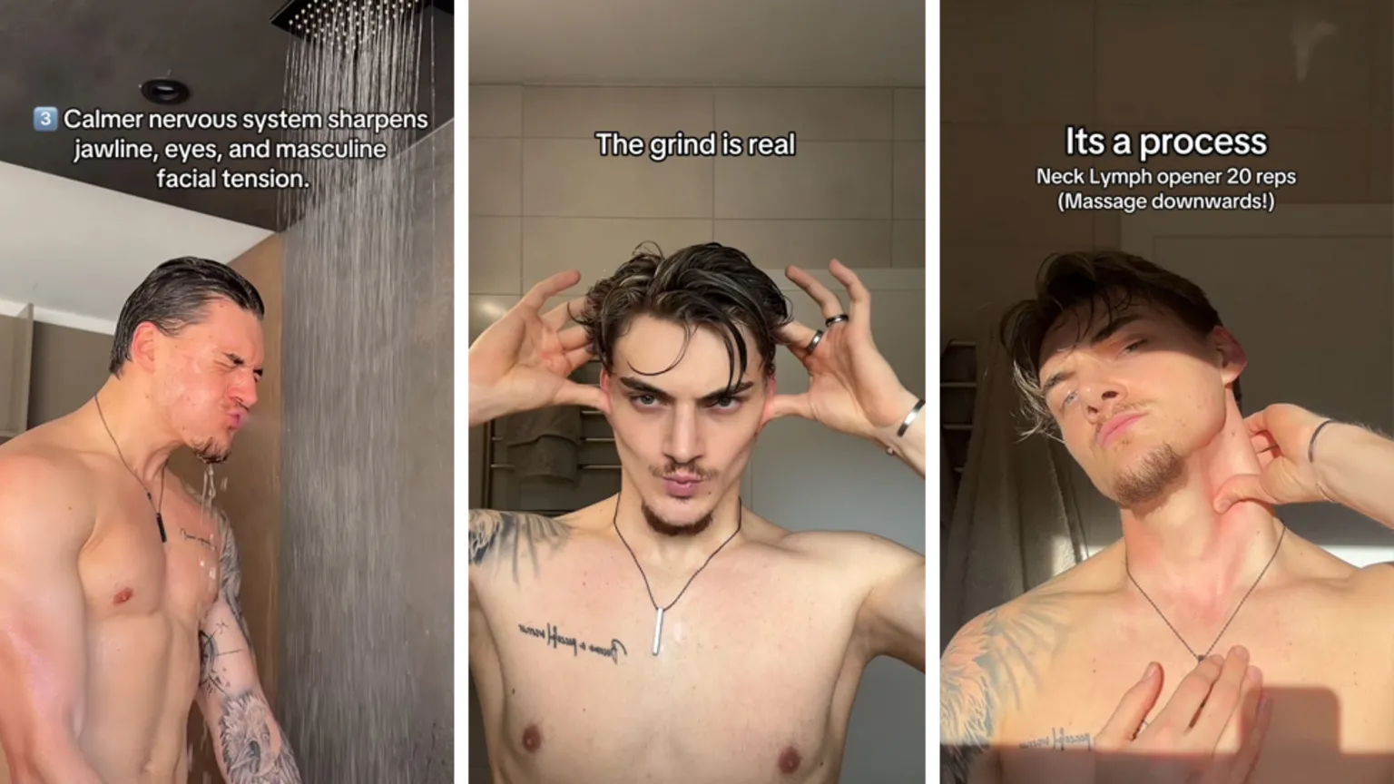 @marv.maxed Marvin's facial routine. Three images of a man, one as he takes a cold shower and the other two rubbing his face.