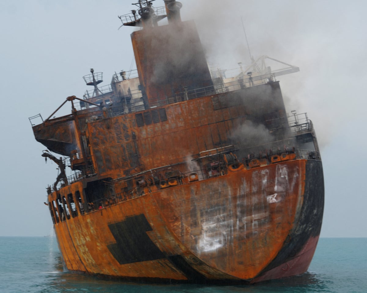 A foreign tanker carrying Iraqi fuel oil damaged after catching fire