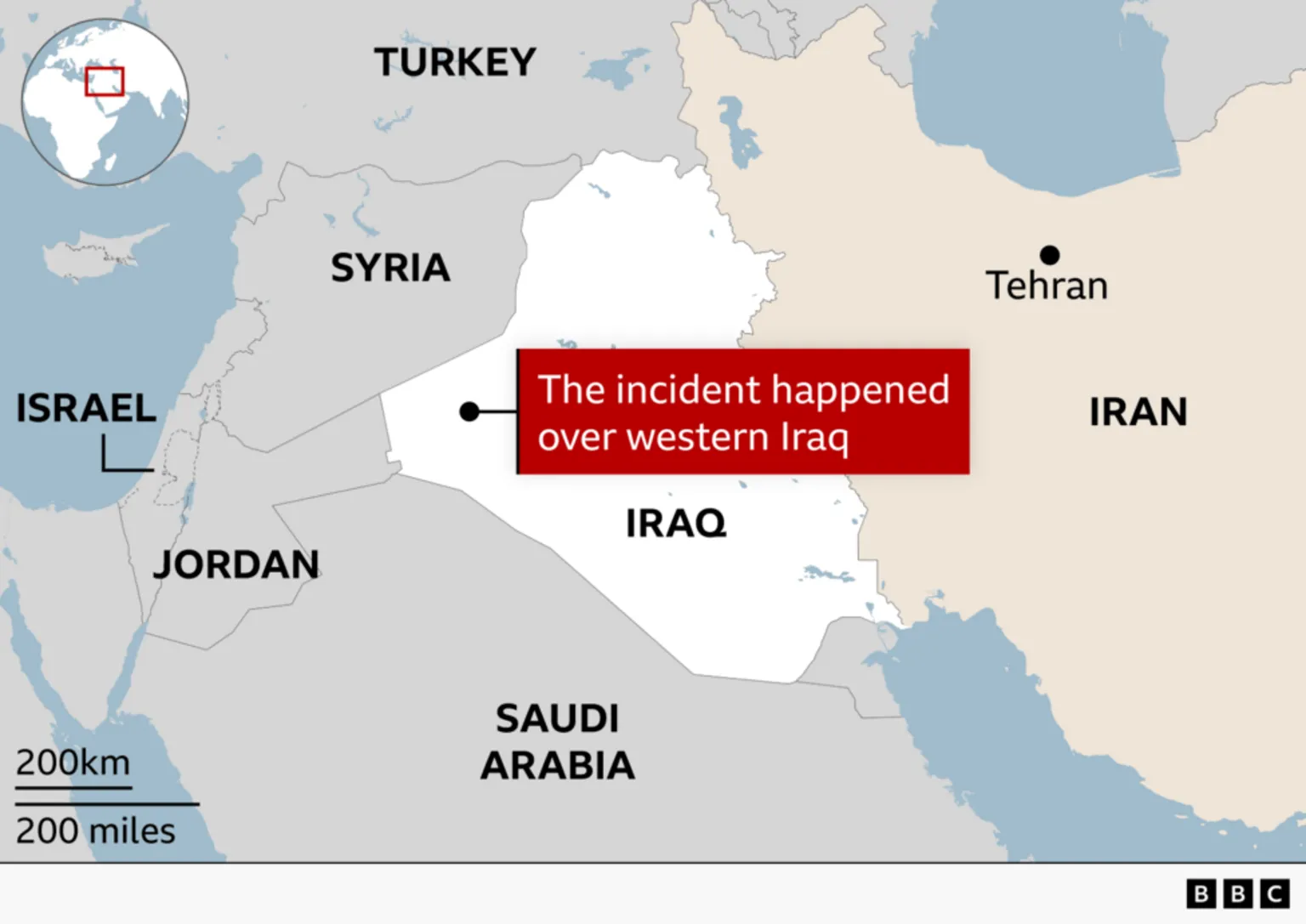 A map showing where a US military refuelling aircraft crashed in Iraq
