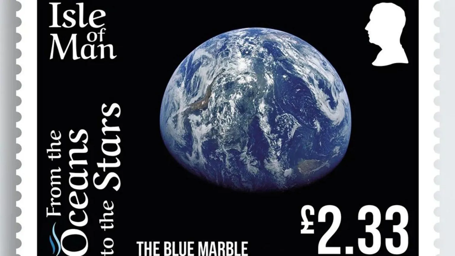 IOM POST OFFICE A stamp featuring a large portion of the view of Earth from space. It is blue against a black background.