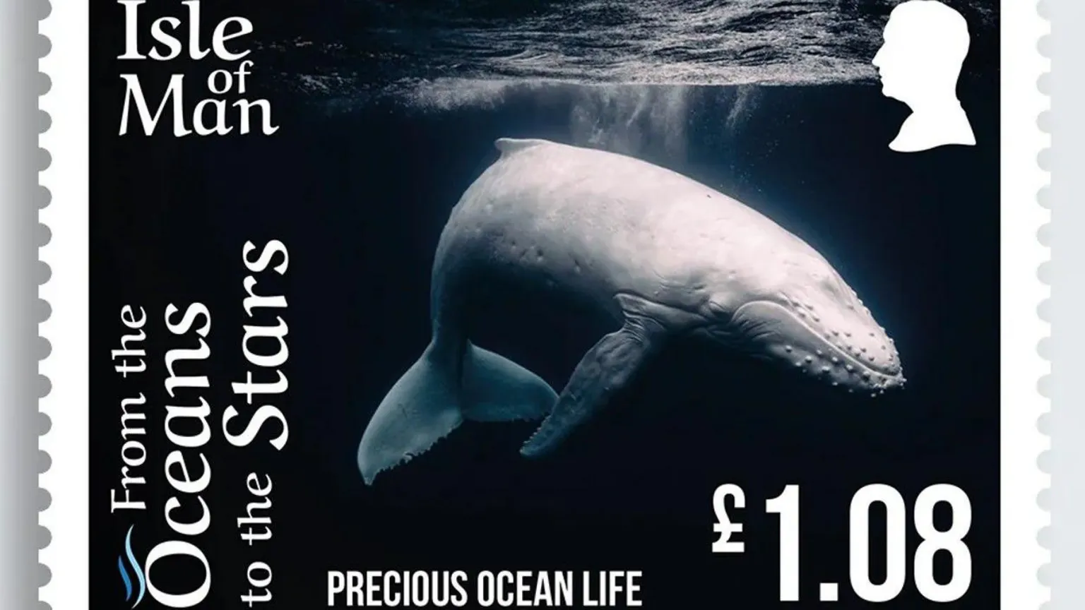 IOM POST OFFICE A stamp featuring white humpback whale under the surface with ripples in the surface above it.