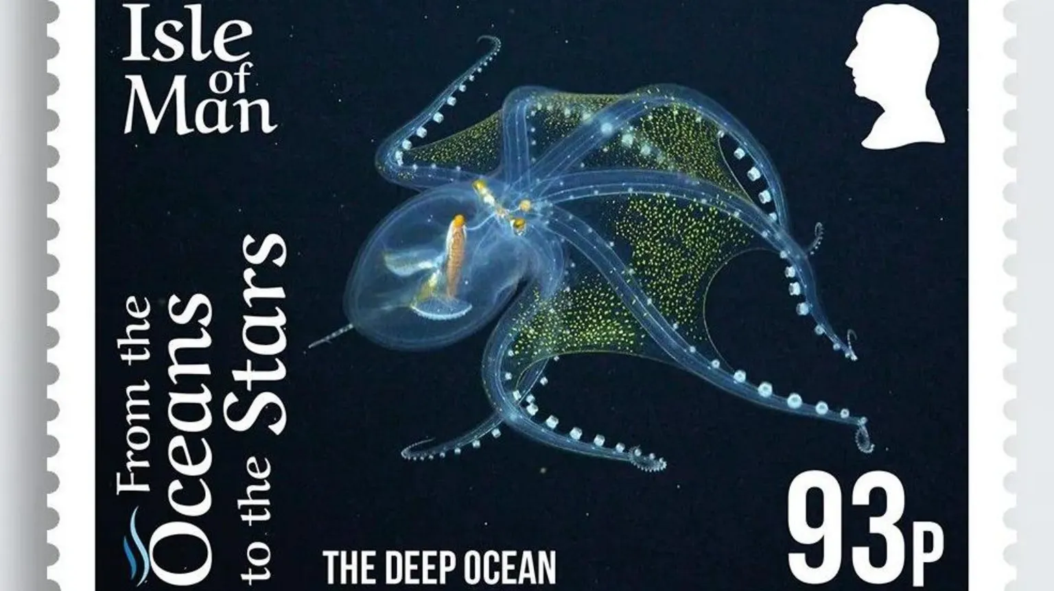 IOM POST OFFICE A stamp featuring a glass octopus, which is a translucent blue with bright yellow dots shining through.