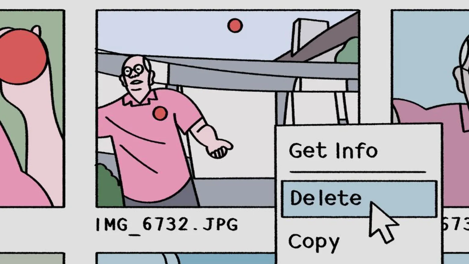 Antidote Films illustration of a photo‑management screen shows a thumbnail image labeled “IMG_6732.JPG,” depicting a person in a pink shirt throwing a red ball outdoors. A contextual menu appears over the interface with options including “Get Info,” “Delete,” and “Copy,” and a cursor points to the “Delete” option.