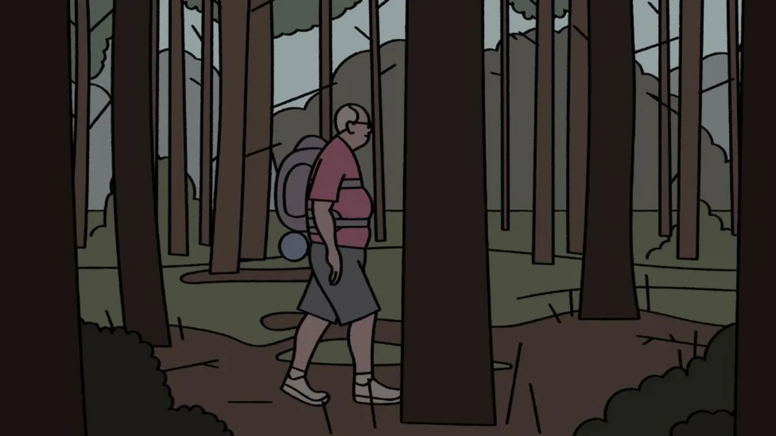 Antidote Films An illustration shows a man walking through a dense forest. The scene is filled with tall, dark tree trunks stretching upward, with layered foliage and hills visible in the background. The person is wearing a short‑sleeved pink shirt, knee‑length shorts, and sneakers, and is carrying a large backpack with rolled gear attached. The ground is covered in earth tones and scattered undergrowth.