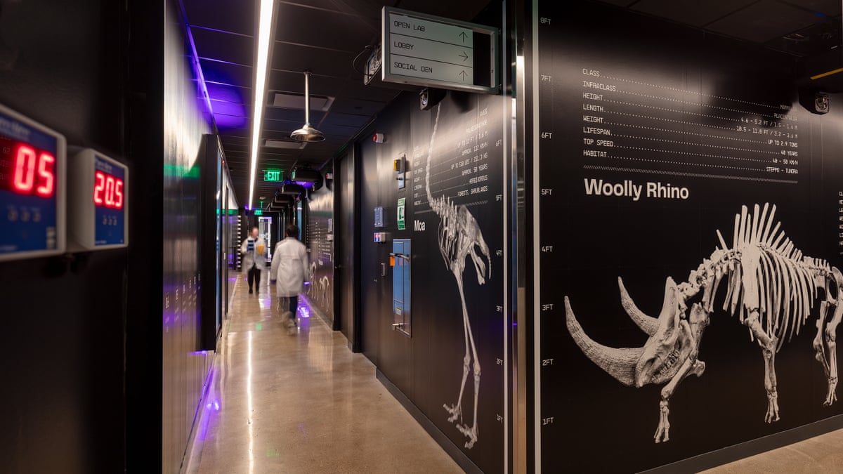 People in lab coats walk through hallways illustrated with dinosaur bones on the walls.