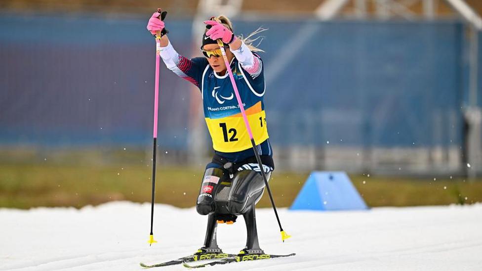American seated skier Oksana Masters in action at the Winter Paralympics