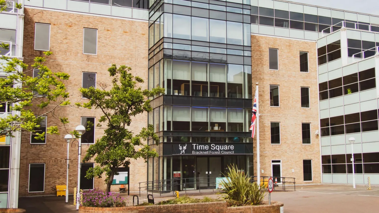  A general view picture of Time Square, the headquarters of Bracknell Forest Council, an office building with a small glass frontage.