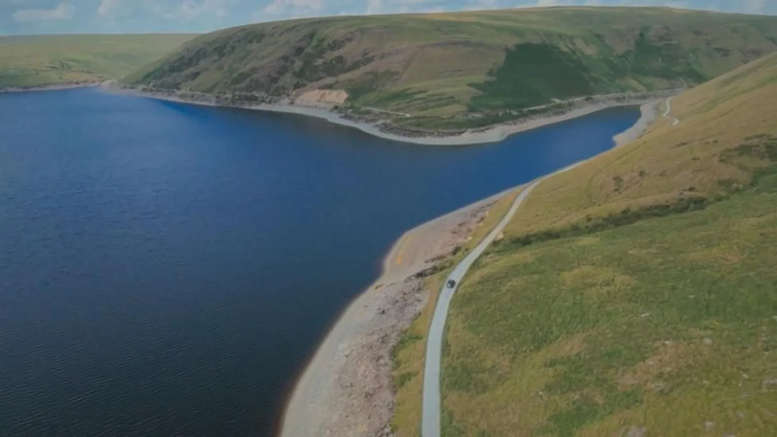 BBC Crimewatch Drone shot of Claerwen Reservoir.