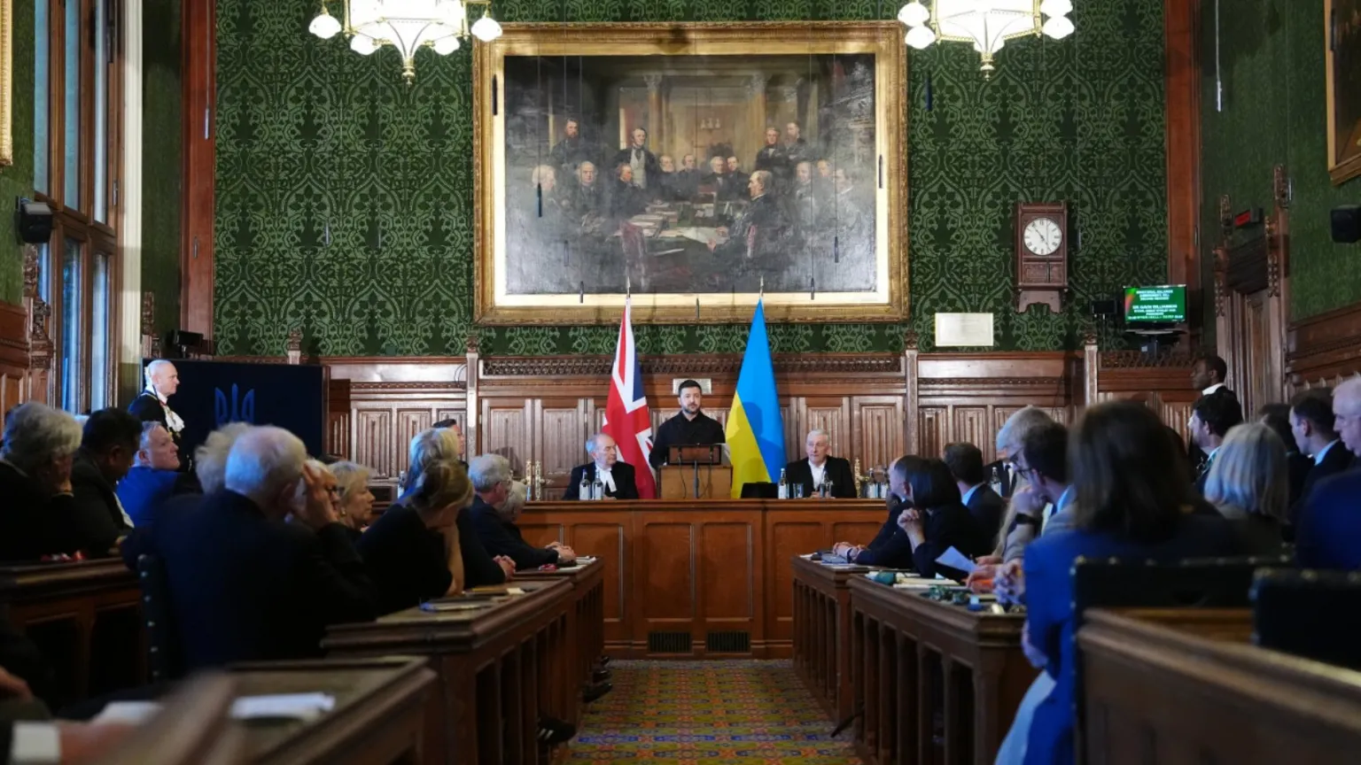  Nato Secretary General Mark Rutte, Lord McFall, Lord Speaker of the UK House of Lords, Speaker of the House of Commons Sir Lindsay Hoyle and Prime Minister Sir Keir Starmer listen as Ukrainian President Volodymyr Zelensky (centre) delivers a speech to Members of Parliament, in Committee Room 14 at the House of Commons