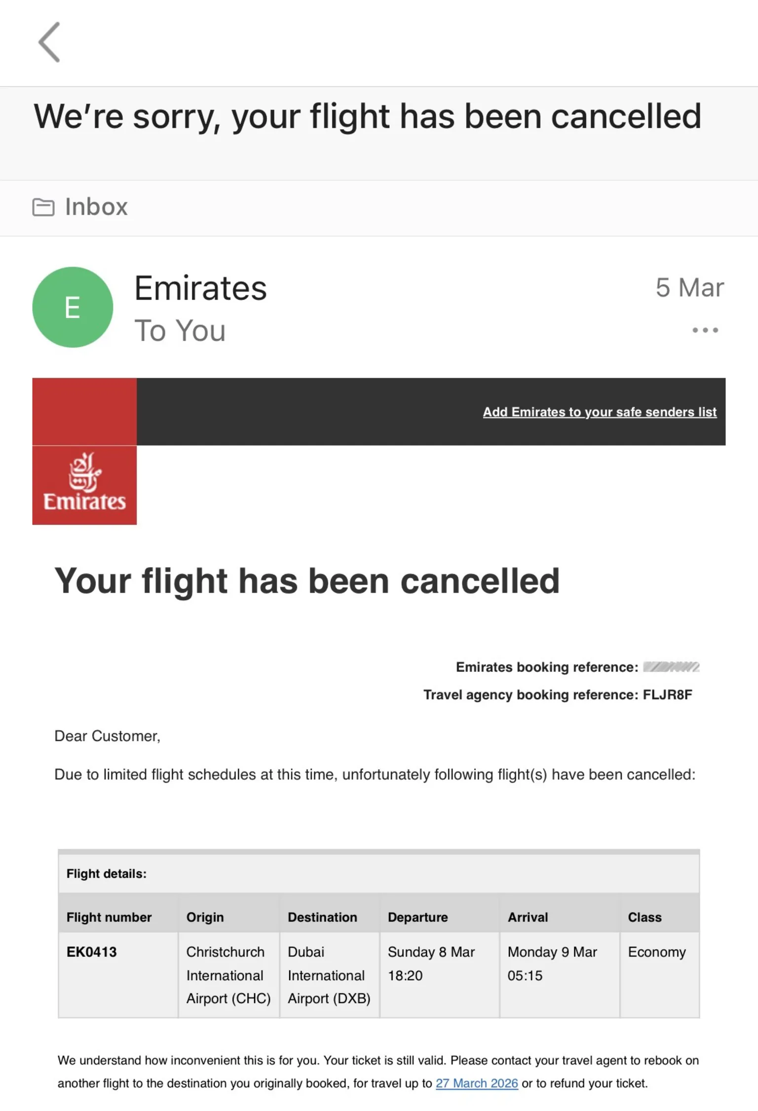 Lori Carnochan A screengrab of an email from Emirates. It says: 