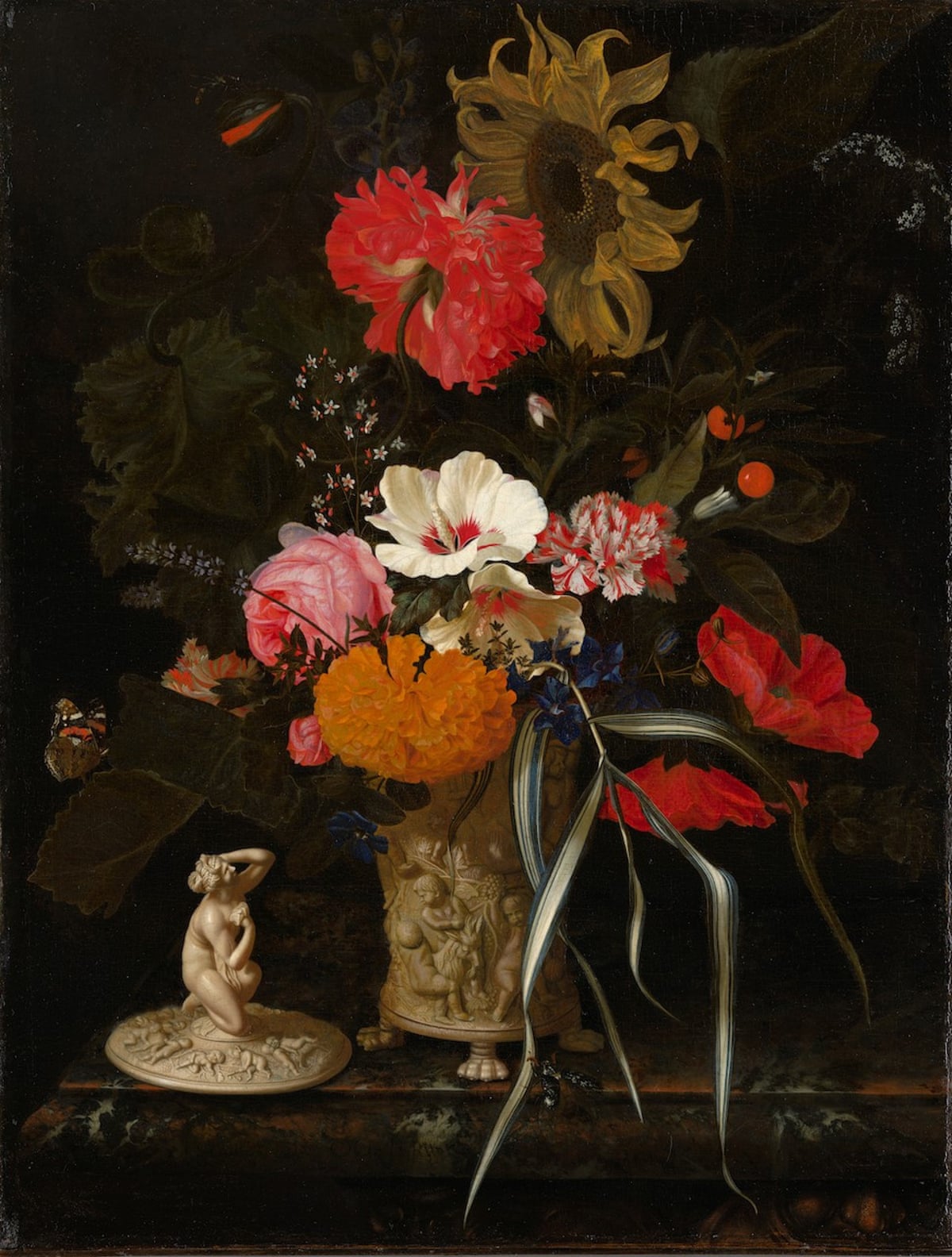 Portrait shaped study of red, white, pink and orange flowers 