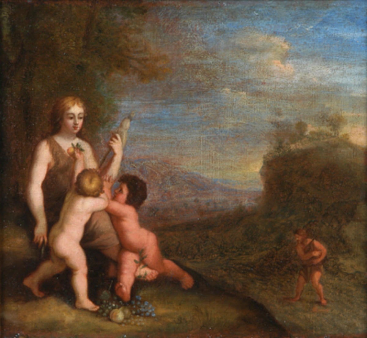 Woman and two cherubs with another figure in distance