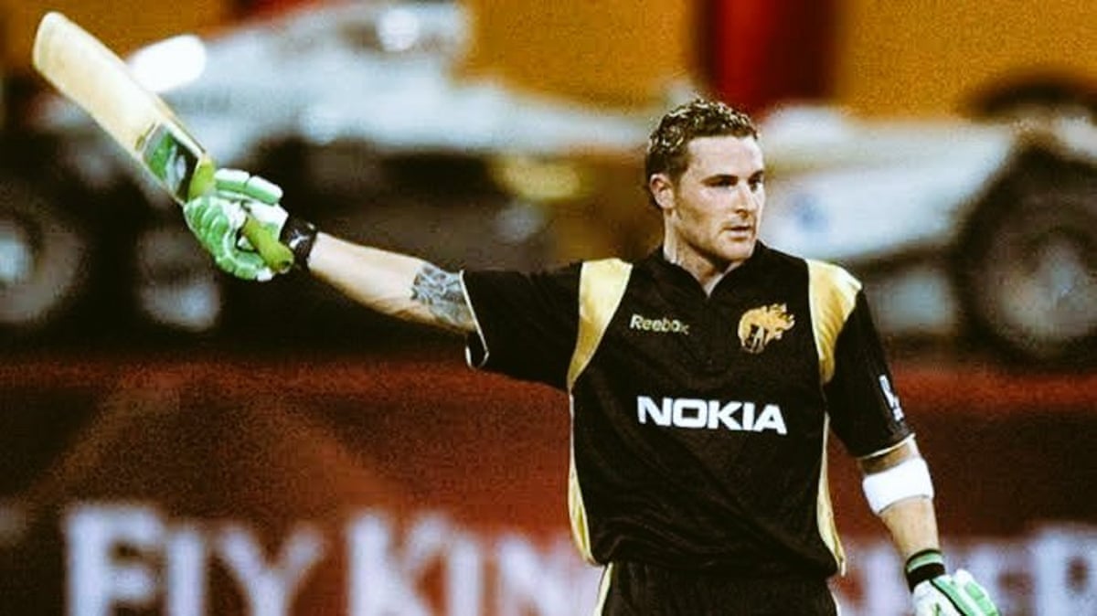 Brendon McCullum celebrates during his 158 for Kolkata Knight Riders in the very first IPL match in 2008