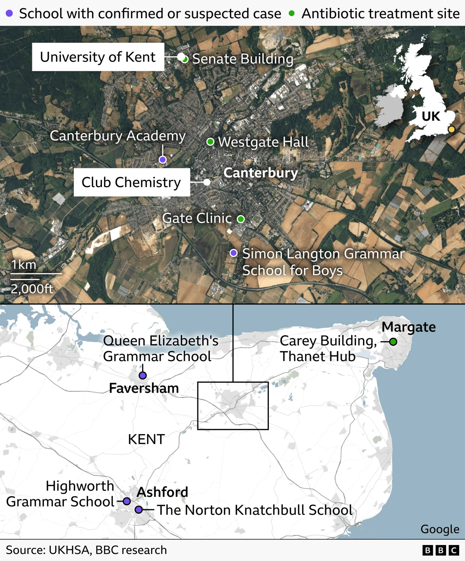 A two‑part map showing five schools with confirmed and suspected meningitis cases and four antibiotic treatment sites in Kent, UK. The top map focuses on Canterbury, marking schools, clinics, treatment locations, Club Chemistry and the University of Kent. The bottom map shows the wider Kent area, including Faversham, Ashford, Margate and additional schools. Coloured dots indicate confirmed and suspected cases (purple), and treatment sites (green).