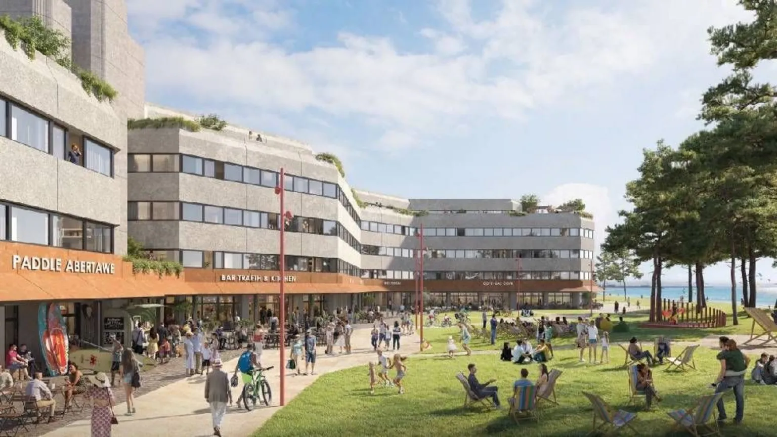 Swansea Council Artist impression of revamped Civic Centre, Swansea. There a deck chairs on the grass, as well as shops, bars and restaurants. 