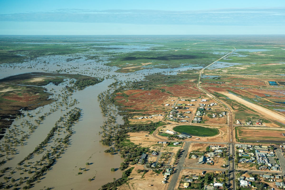 Aerial view of the Queensland town of Birdsville surrounded by flood waters