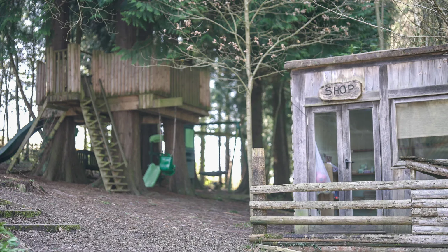 A woodland scene featuring a raised wooden treehouse built around large tree trunks, with a ladder, slide, and hanging swings beneath it. To the right stands a small, weathered wooden building with a sign reading “SHOP” above its double doors. The ground is covered with bark and leaves, and tall evergreen trees surround the play structures.