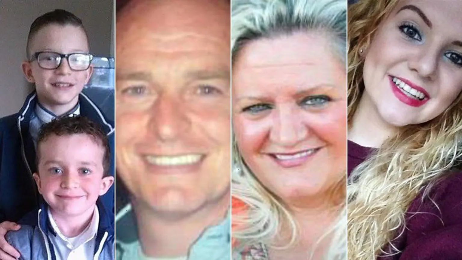 Louise James A composite photo of the victims of the Buncrana pier tragedy. On the left are Mark and Evan, two young boys. Mark is taller and has glasses and has his hands on Evan's shoulders. Next is Sean, a smiling man in his 40s in a green shirt. Next is Ruth Daniels, a blonde woman smiling and finally Jodie Lee who is 14 and blonde with bright pink lipstick and a burgundy jumper.
