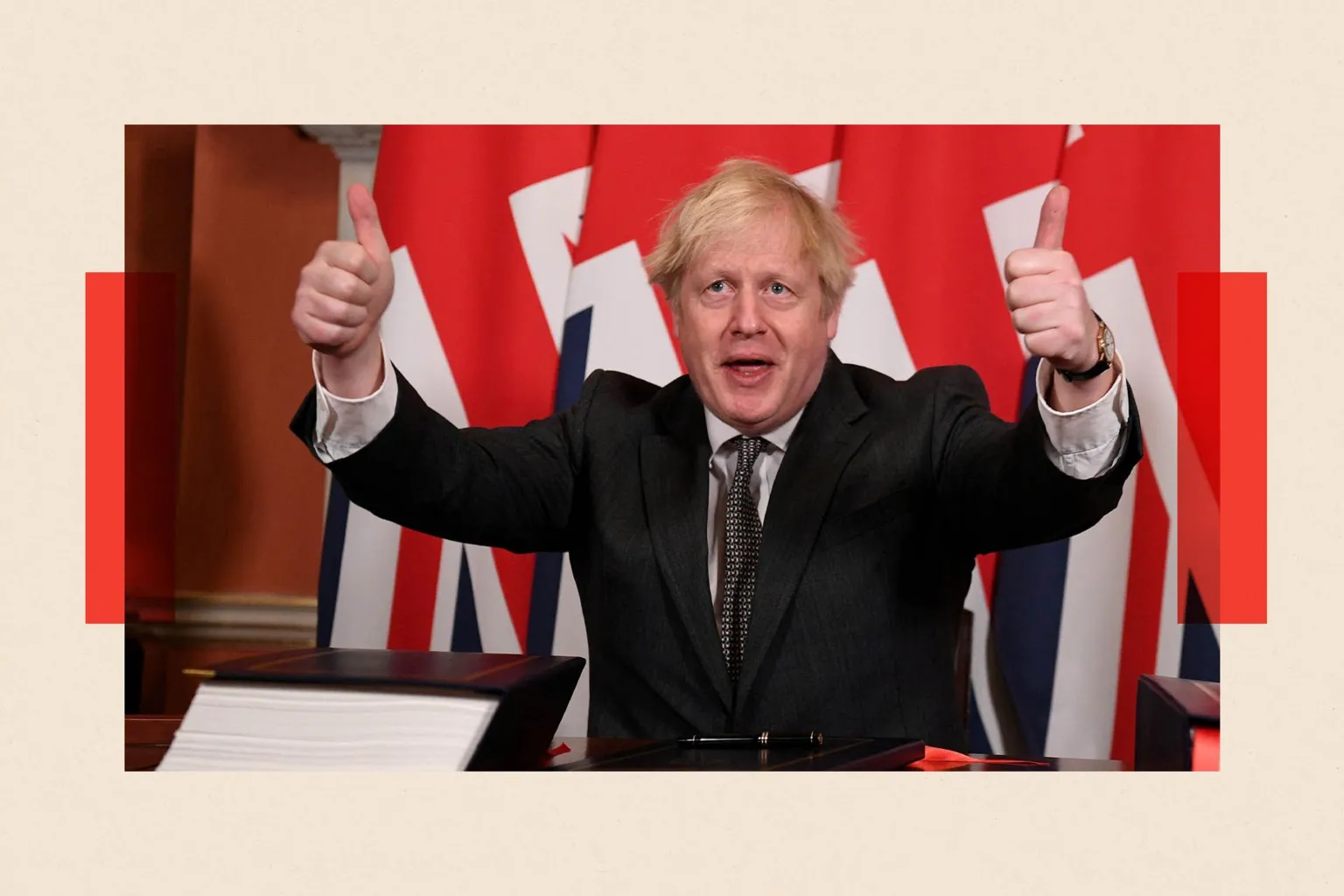  Boris Johnson gives a thumbs up after signing the Brexit trade deal with the EU at number 10 Downing Street in London