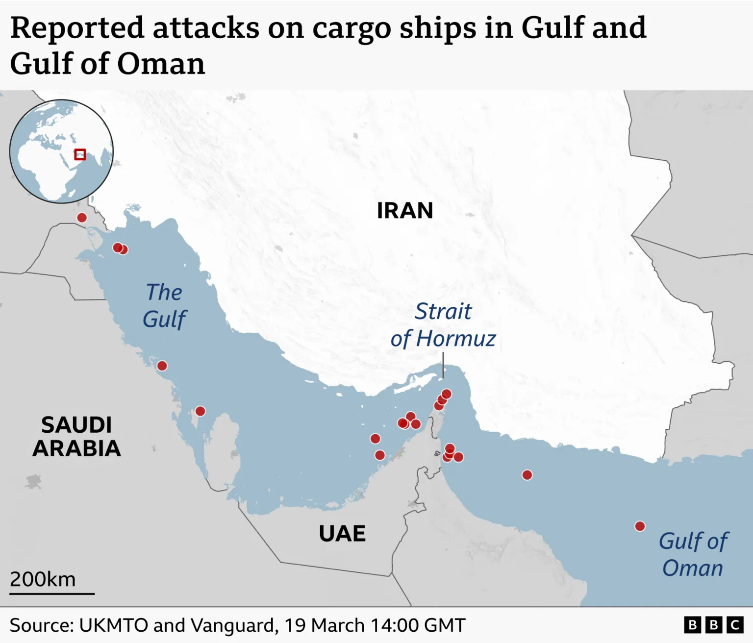 A map showing the reported attacks on cargo ships in the Gulf and the Gulf of Oman. The map shows a concentration of attacks, illustrated with red dots, in the Strait of Hormuz. 