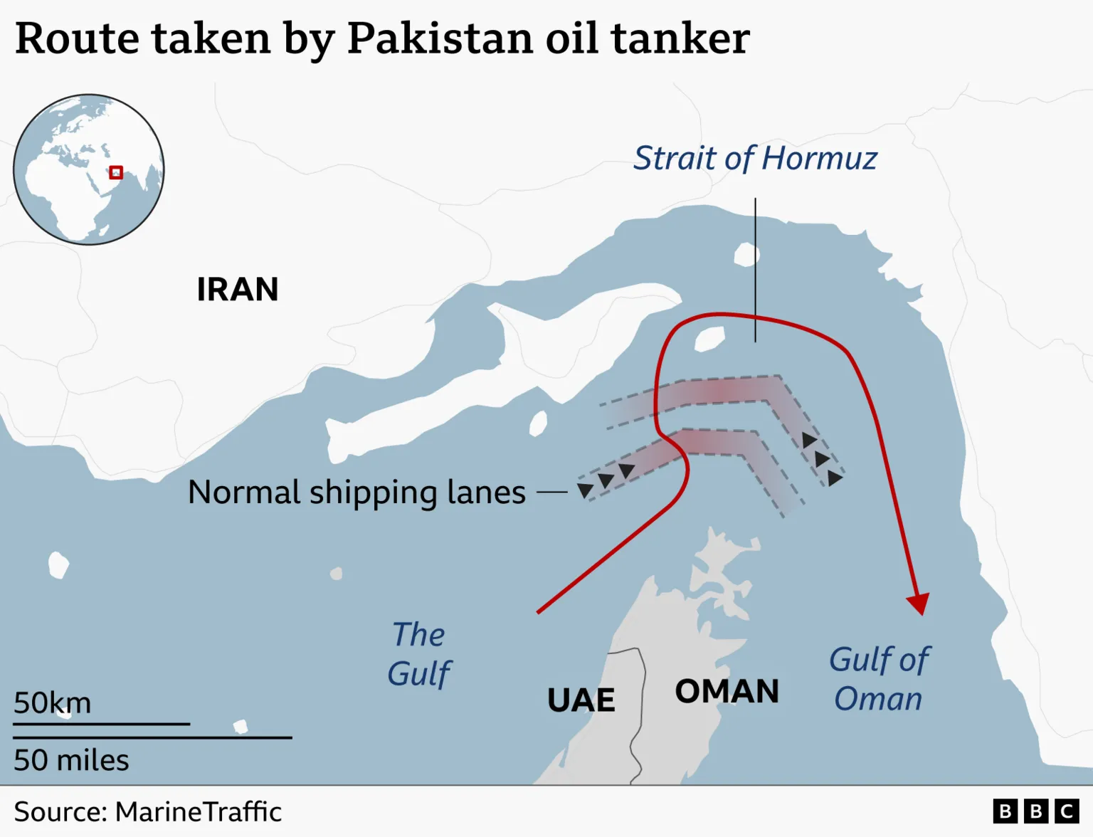 A map showing the route taken by the Pakistan oil tanker through the Strait of Hormuz. It shows the normal shipping lane through the middle of the strait, but the actual route taken is much closer to the Iranian coast.