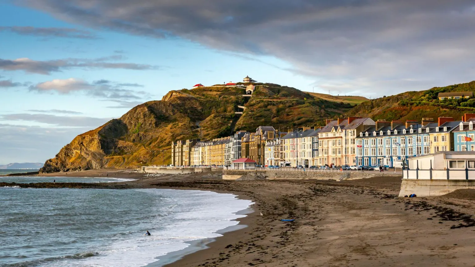 View of Aberystwyth North Beach and seafront with colourful buildings