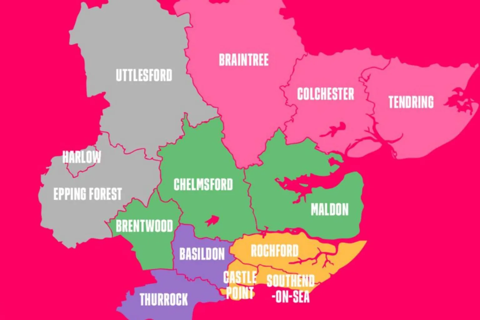 Basildon Council A graphic map, colour coordinated with purple, yellow, green, grey and pink, showing what the five Essex councils could look like. Braintree, Colchester and Tendring are in pink; Brentwood, Chelmsford and Maldon are in green; Basildon and Thurrock are in purple; Castle Point, Rochford and Southend are in yellow and Epping Forest, Harlow and Uttlesford are in grey.