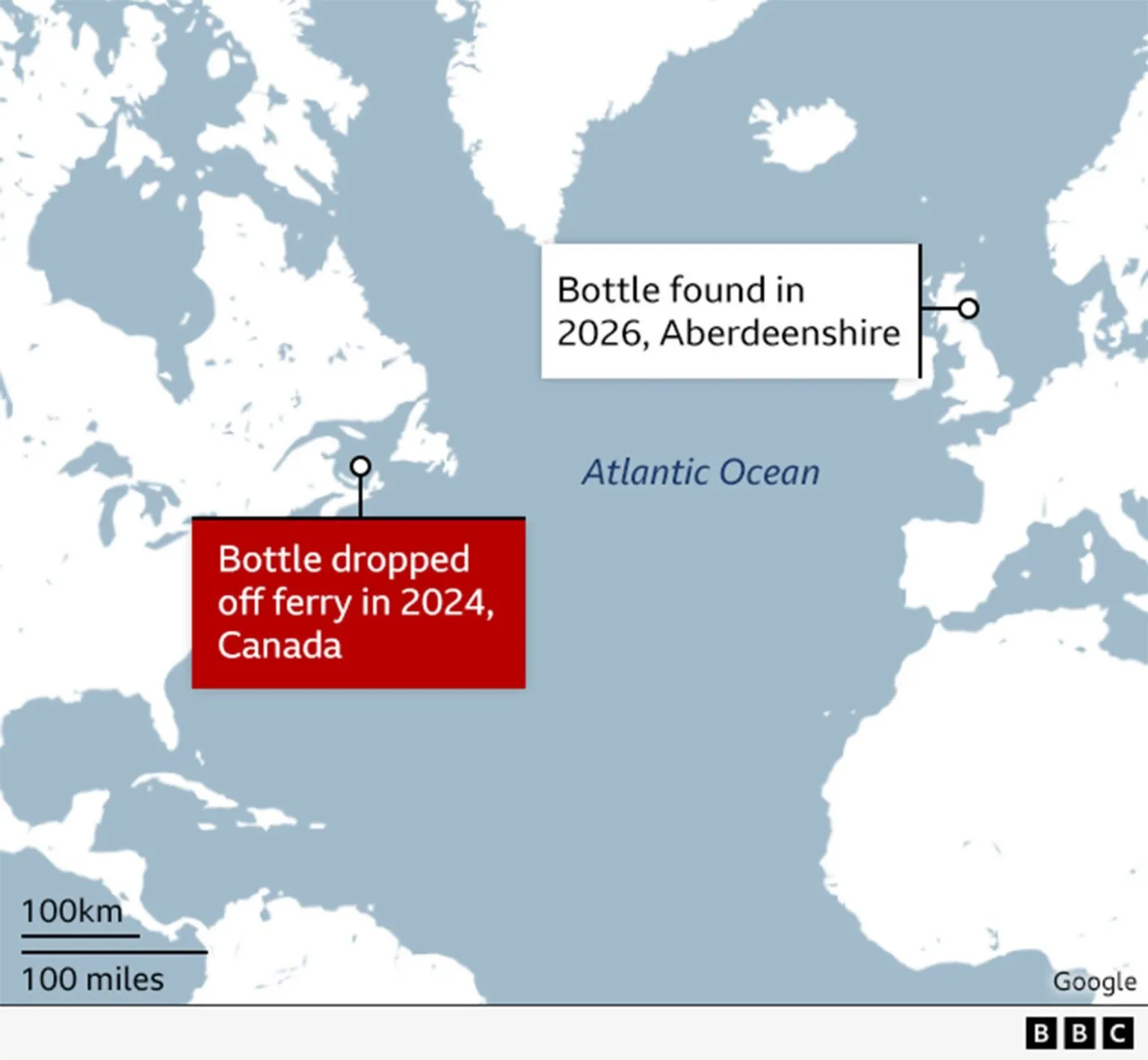 Map showing Canada, Atlantic, and Scotland.