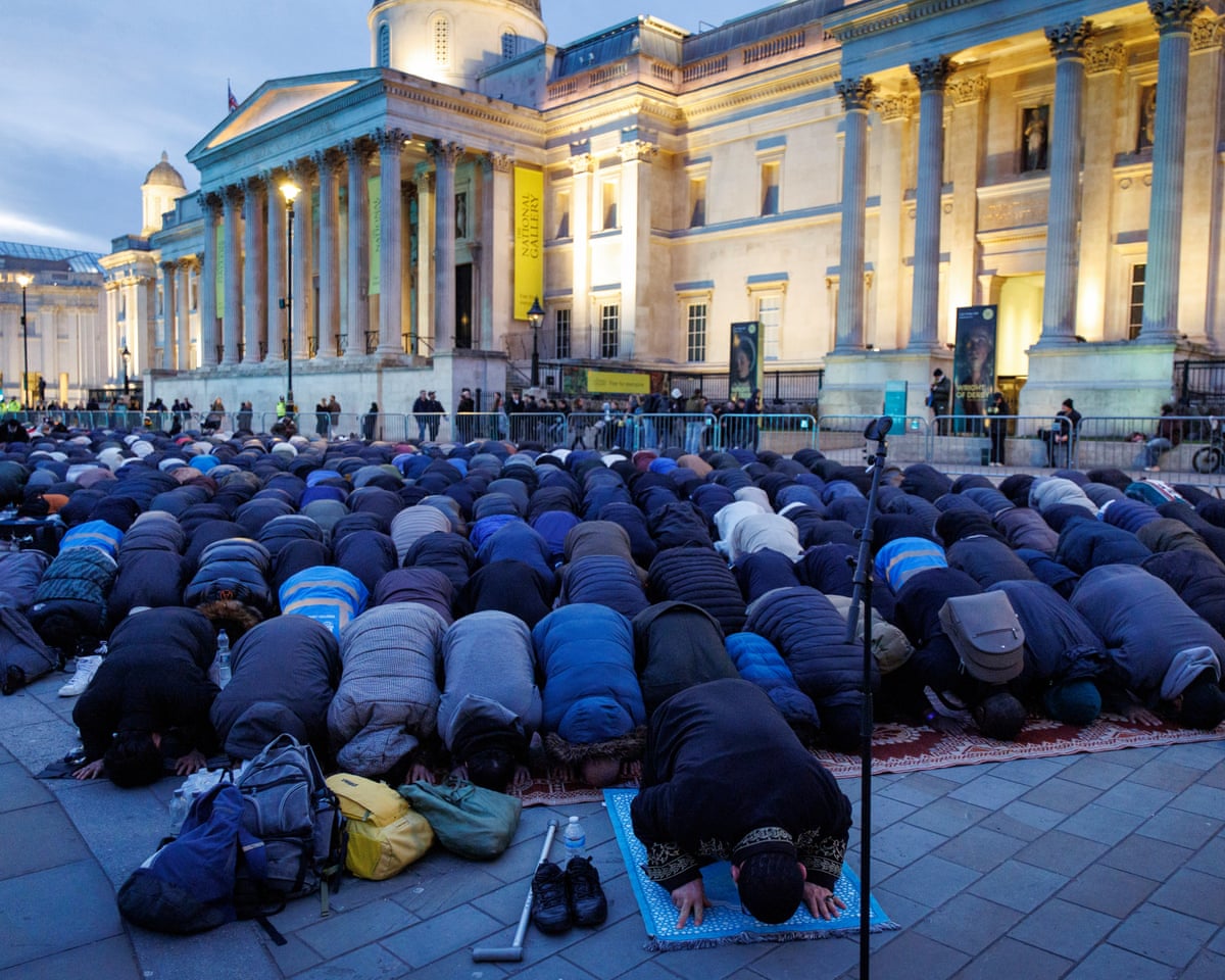 Worshippers hold open Iftar Ramadan prayers at Trafalgar Square, London