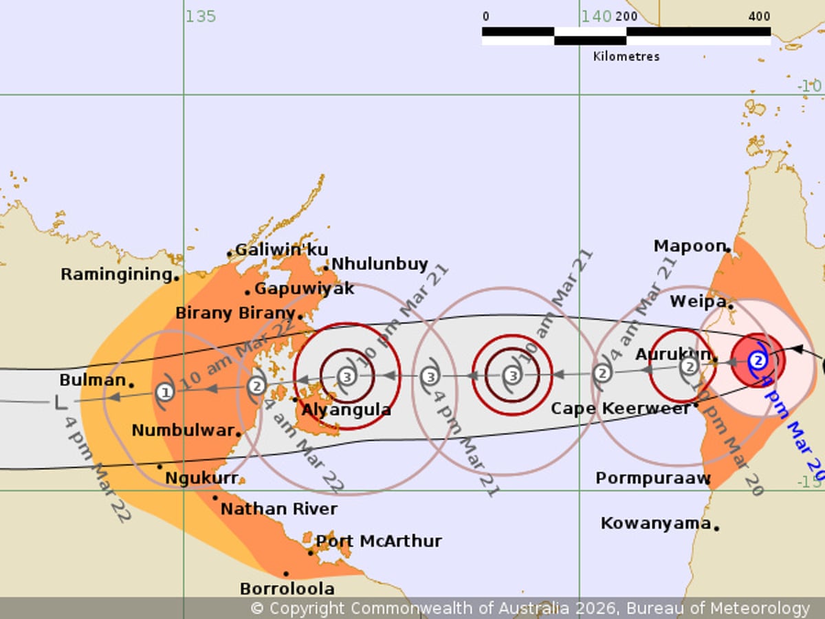 A map shows the expected route of Severe Tropical Cyclone Narelle issued at 5:13 pm CST on 20 March