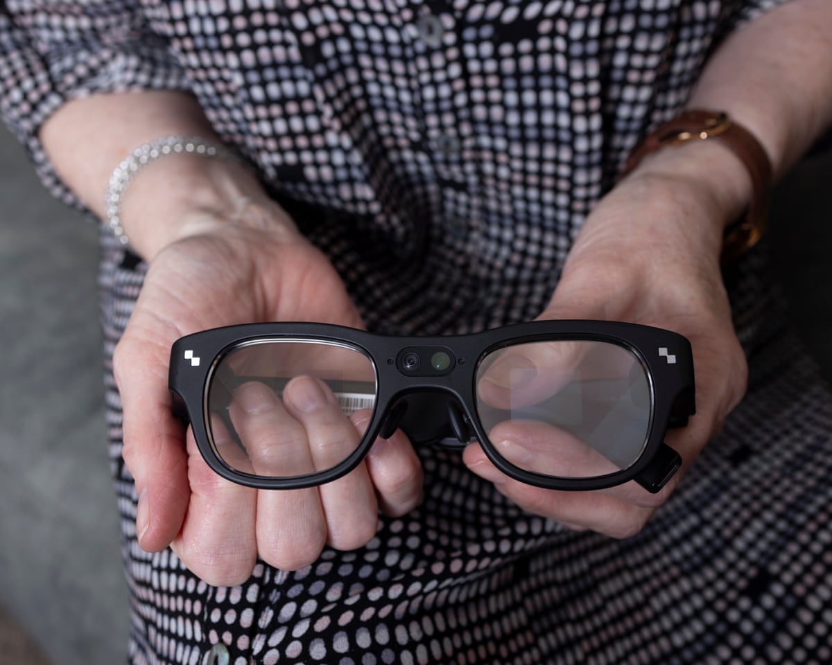 An up-close image of the glasses which have a small camera in the centre