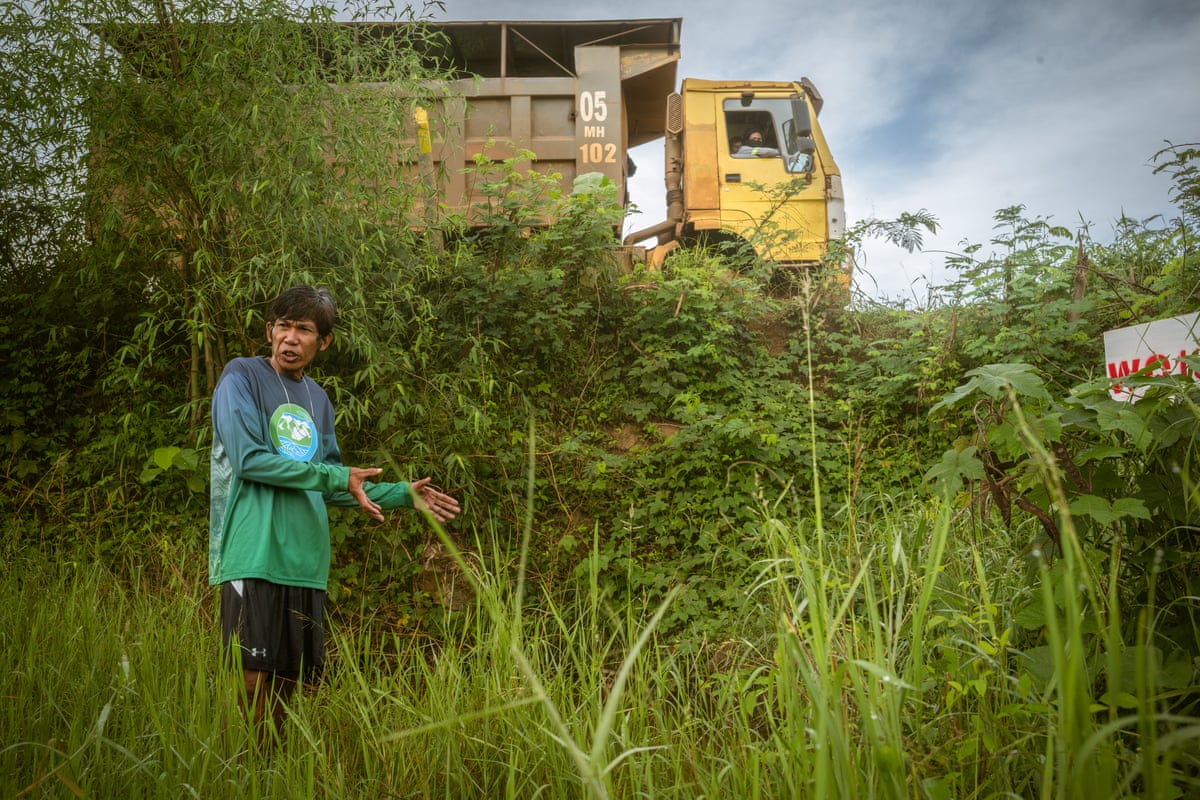 A man stands in a rice field as a truck drives past behind him