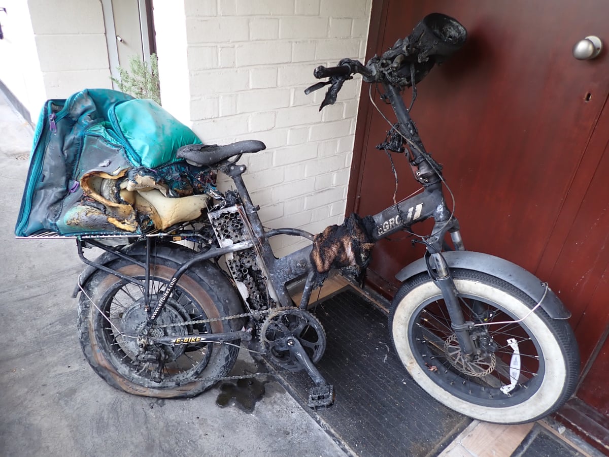 A burned e-bike that caught fire in a bedroom in London