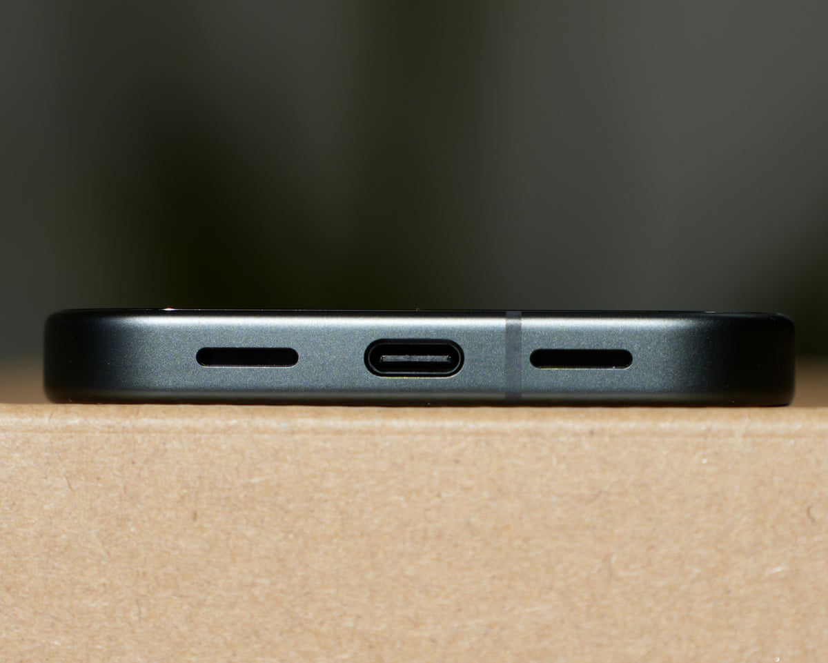 The USB-C port of the Google Pixel 10a.