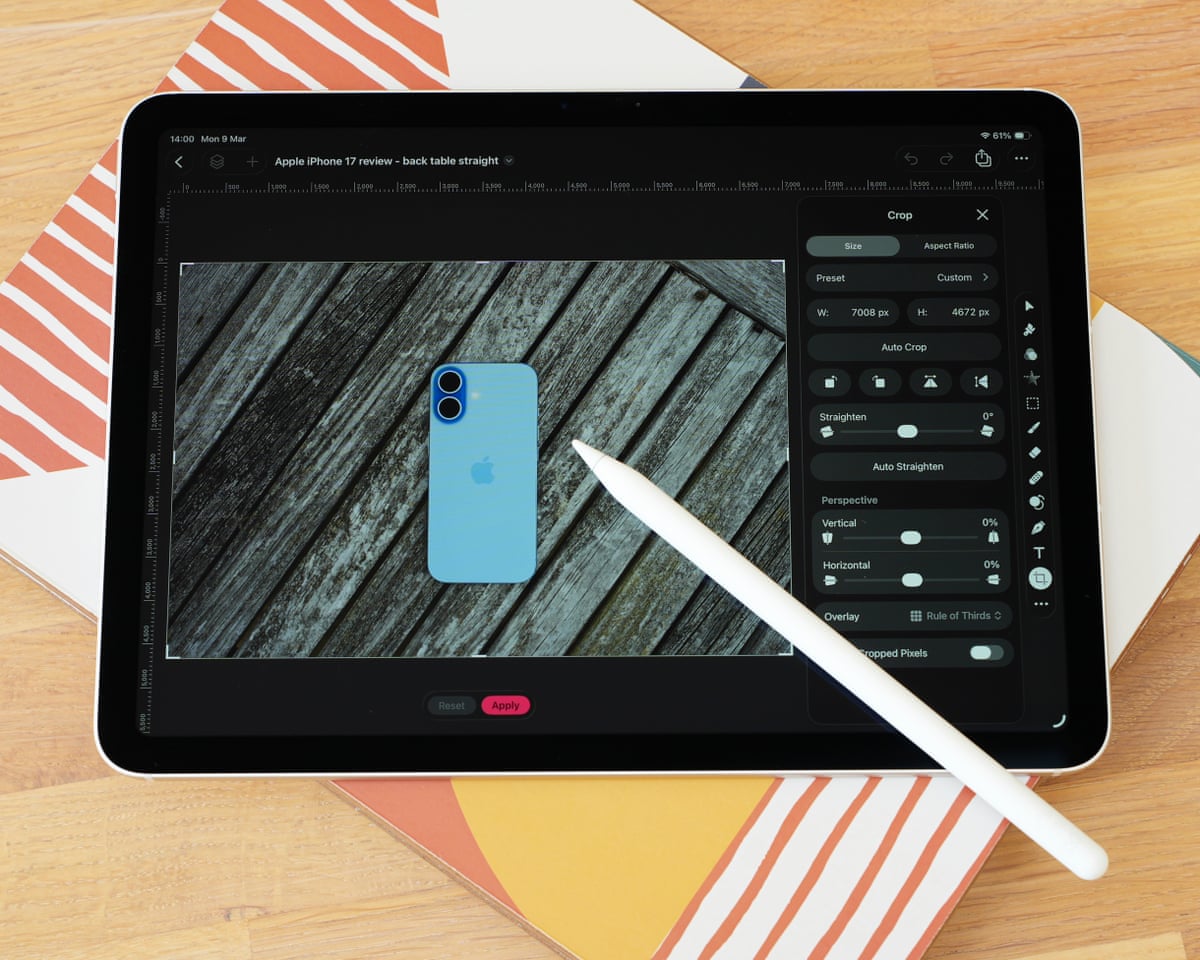 Pixelmator Pro on an Apple iPad Air M4 editing a photo of an iPhone 17.