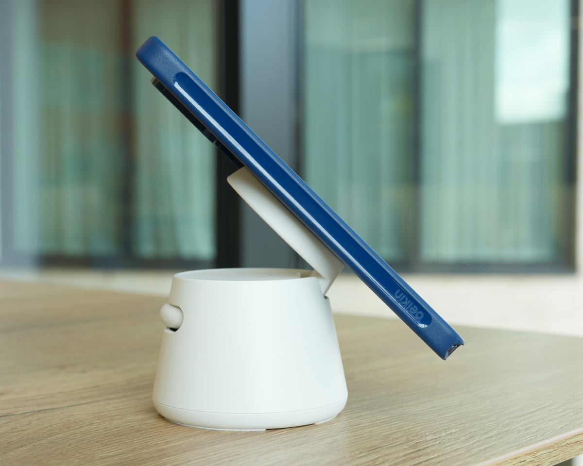 The Samsung Galaxy S26 Ultra in a Bekin SheerForce magnetic case sitting on a Belkin UltraCharge Modular charging dock.